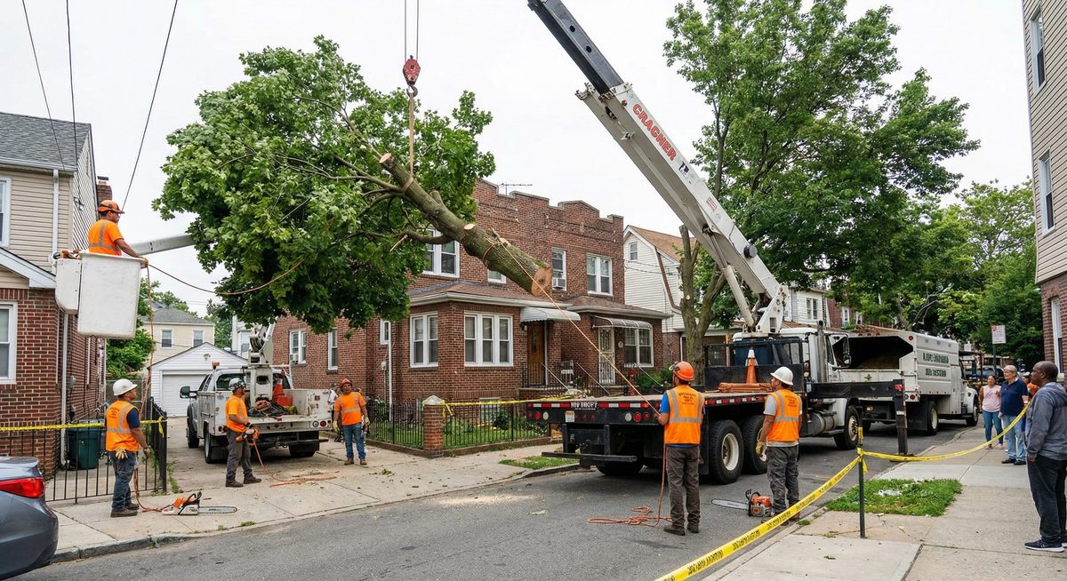 Tarzan Tree Removal crew using crane truck to remove large tree from Brooklyn residential property