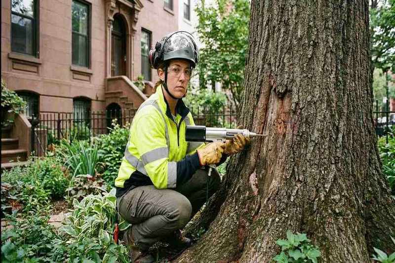 Certified arborist inspecting oak tree disease symptoms in Brooklyn NY
