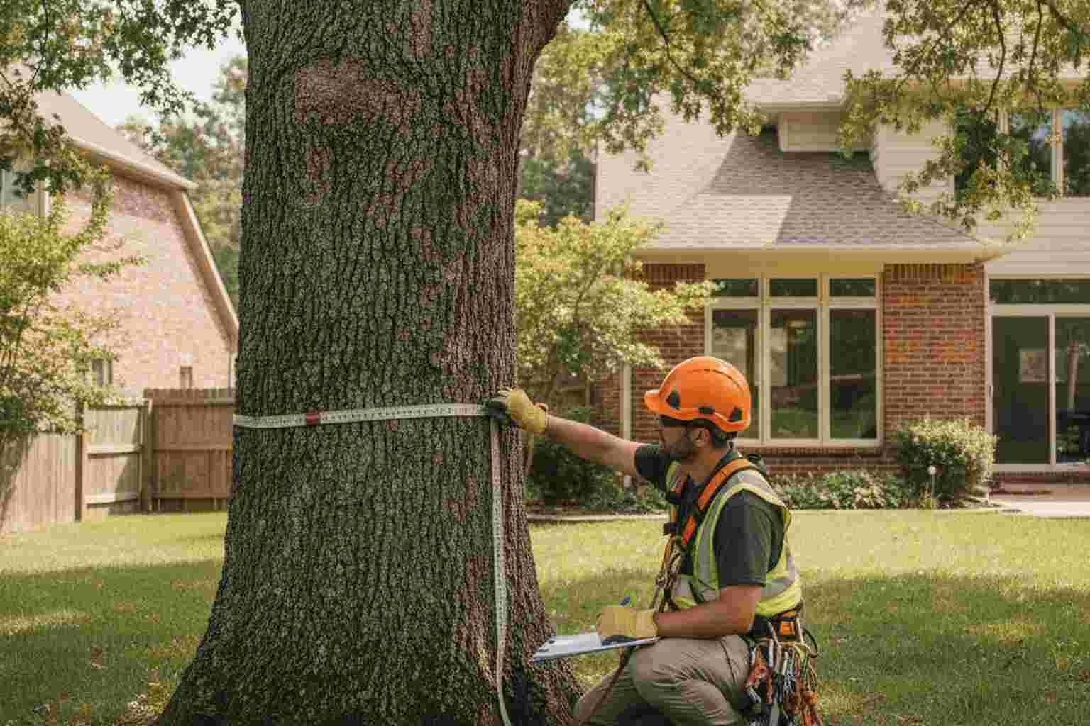 Certified arborist measuring a large tree trunk for removal cost estimate in Brooklyn