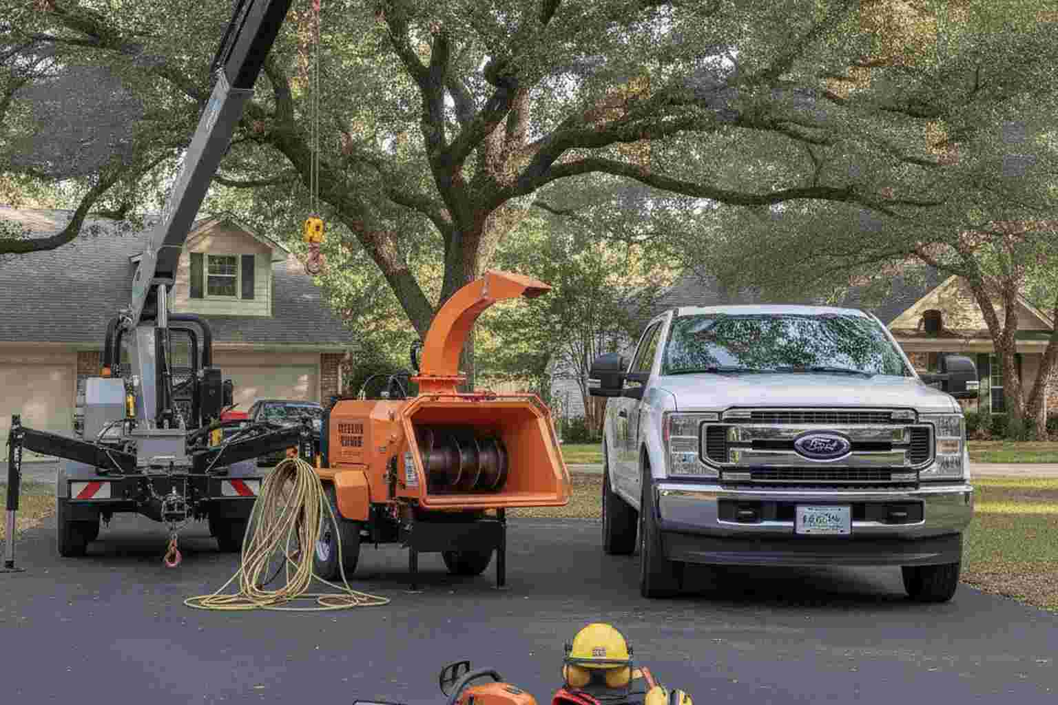 Tree removal equipment including chainsaw and wood chipper ready for Brooklyn job