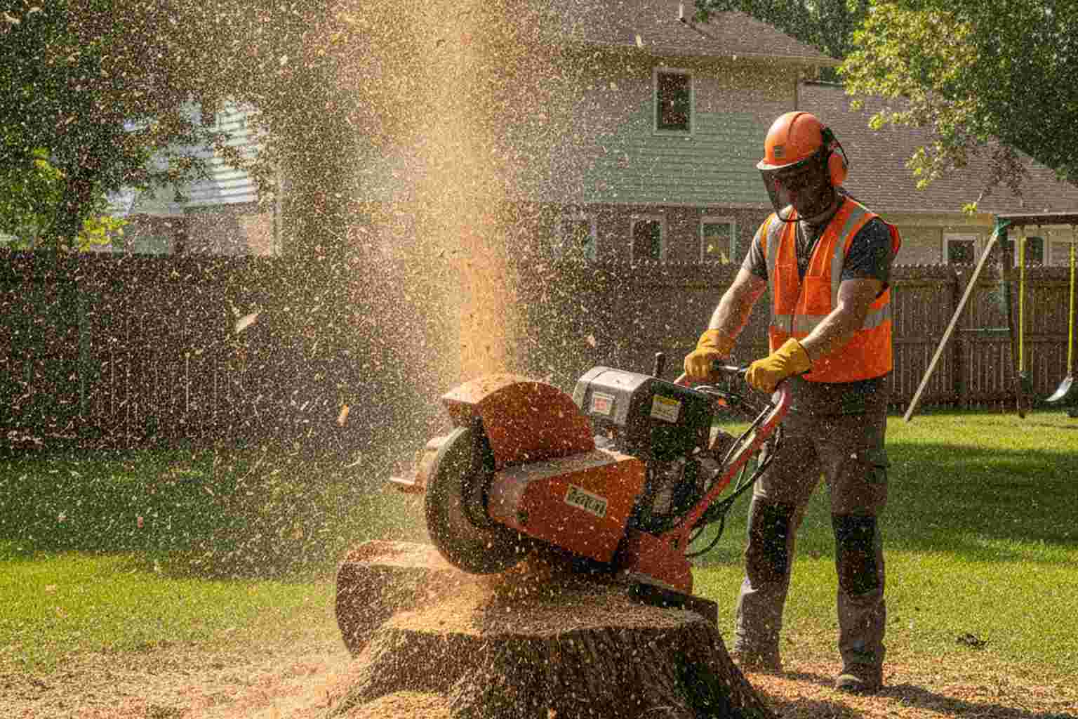 Stump grinding machine removing tree stump in Brooklyn backyard
