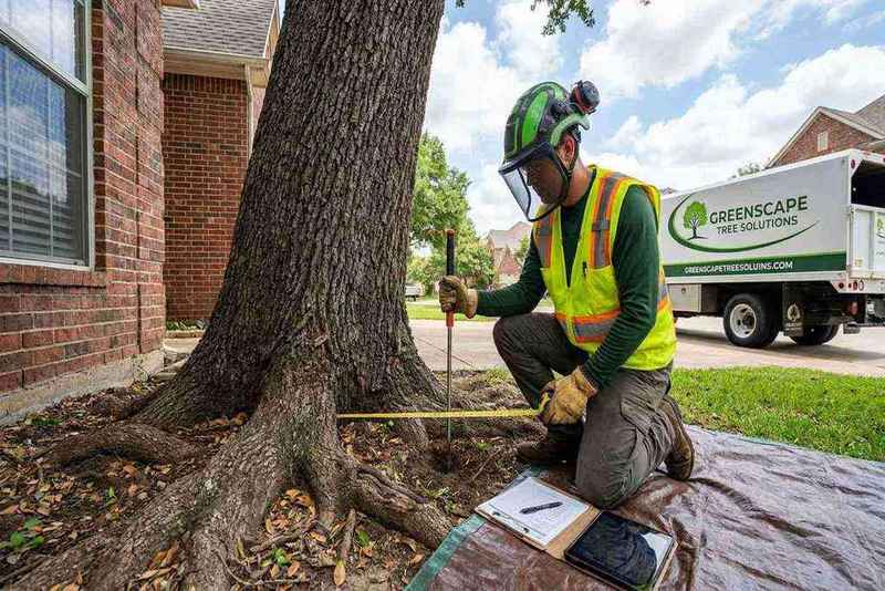 Certified arborist inspecting tree roots near a house foundation
