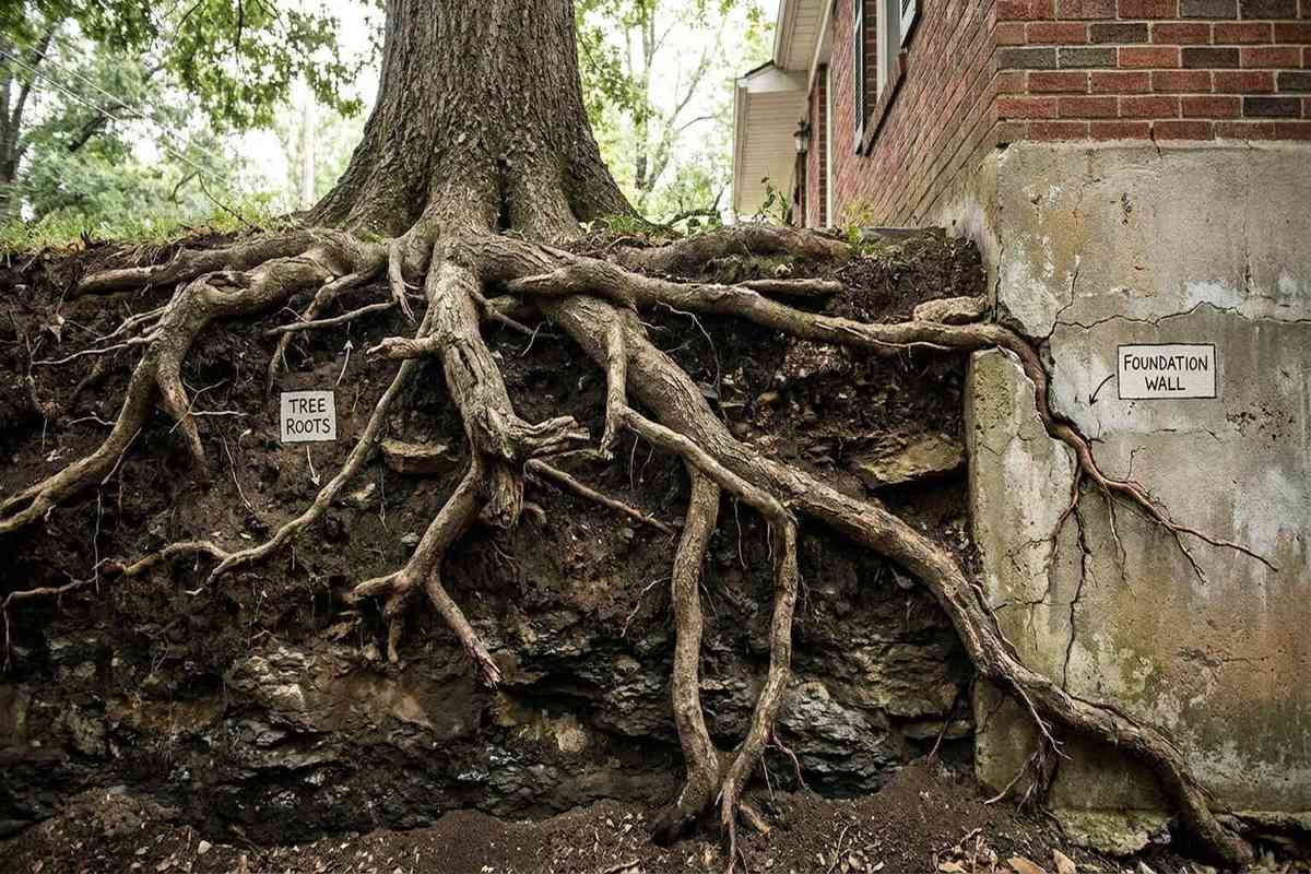Large tree root growing toward a house foundation
