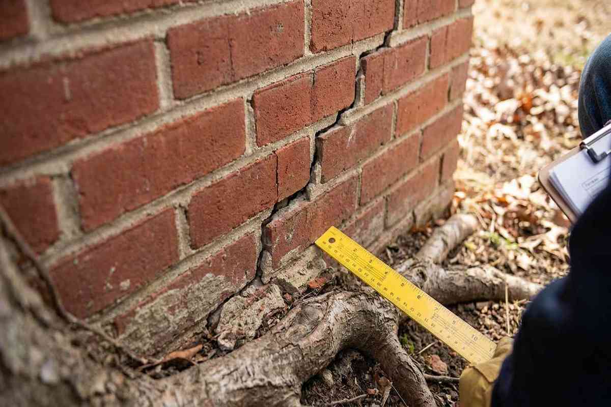 Stair-step cracks in a brick foundation wall caused by tree roots