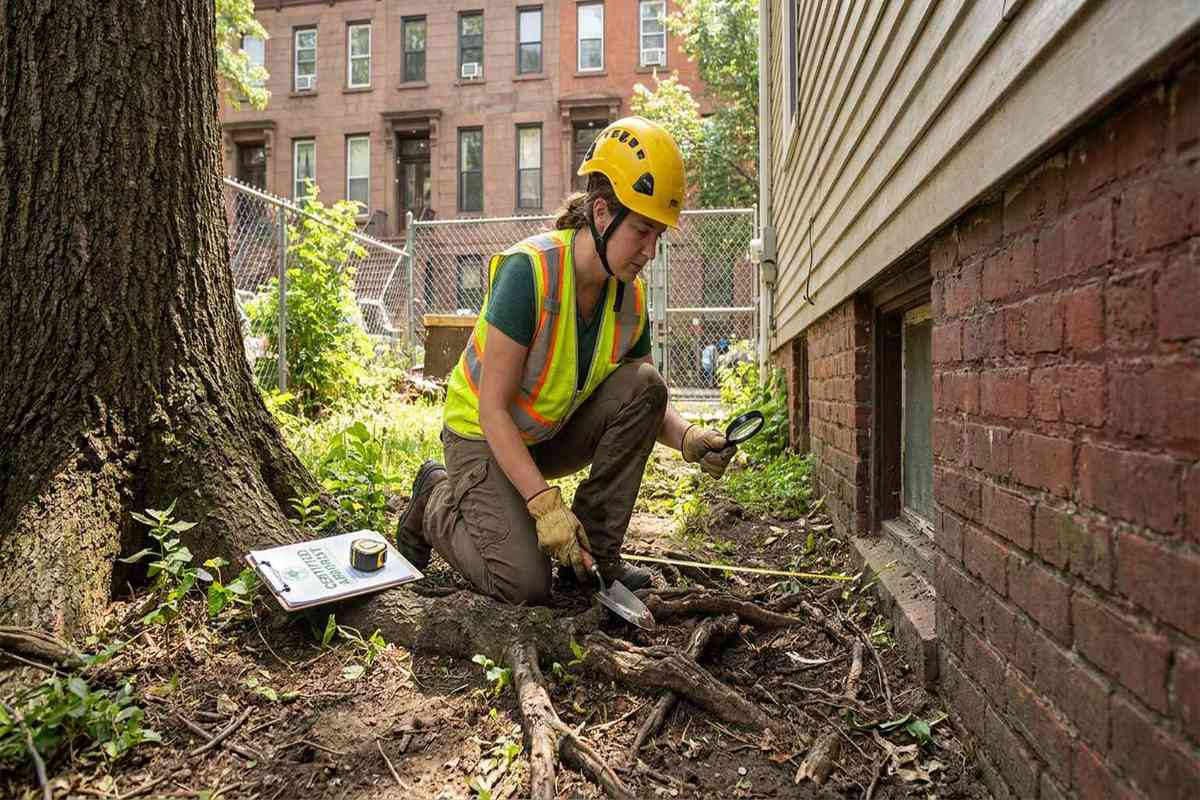 Arborist inspecting tree roots near a foundation in Brooklyn