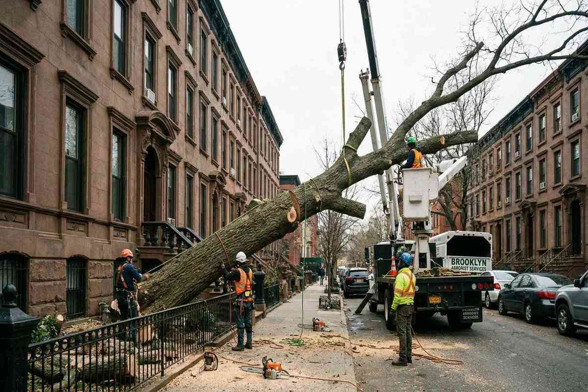 Tree removal near a house foundation in Brooklyn