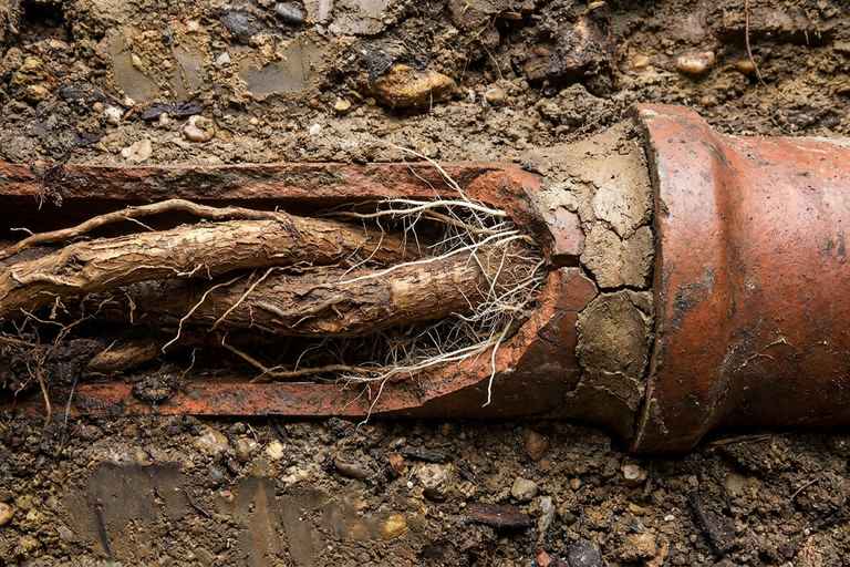 Tree root mass infiltrating a cracked clay sewer pipe joint underground in Brooklyn