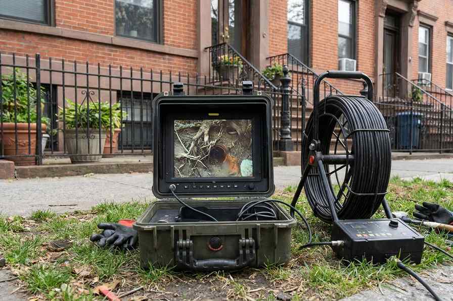 Plumber running a sewer camera inspection showing roots inside the pipe