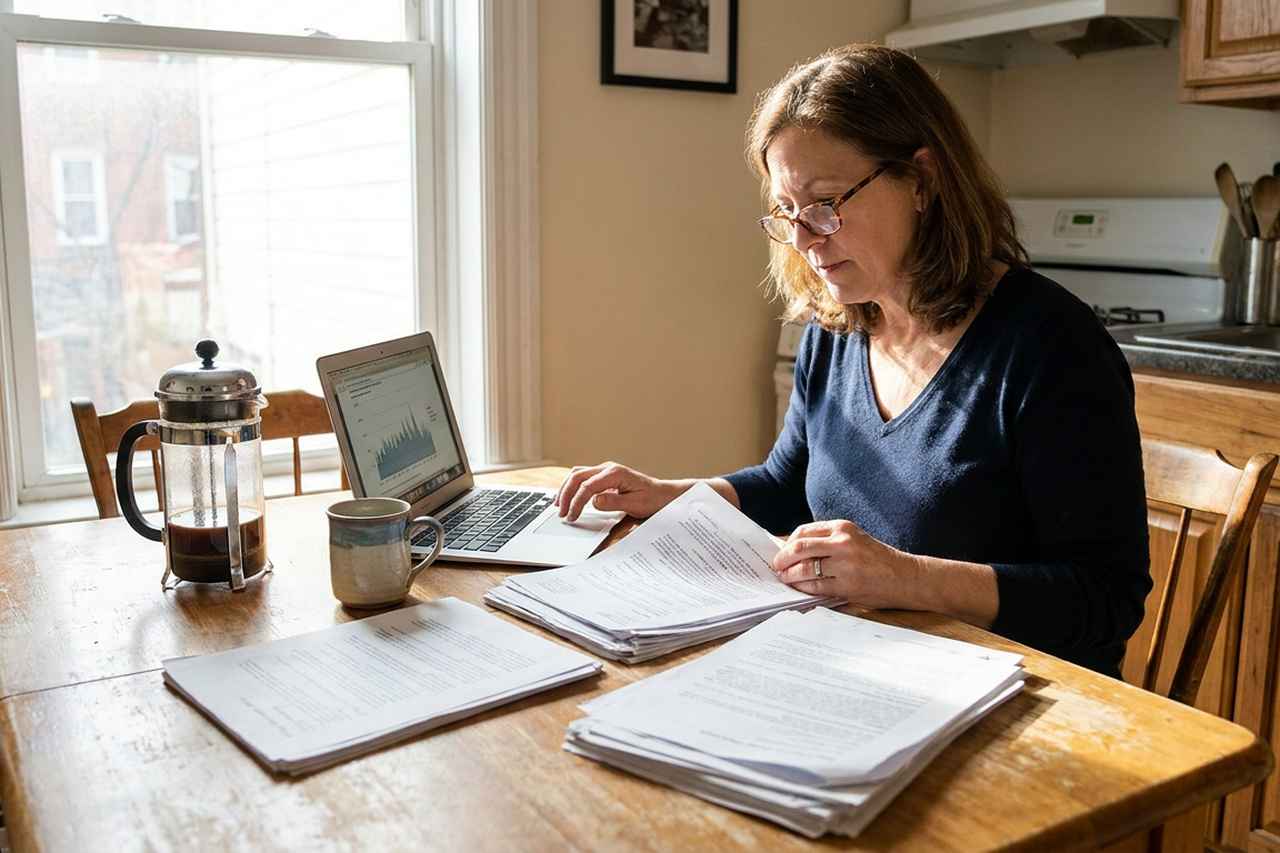 Homeowner reviewing sewer line insurance paperwork at a kitchen table