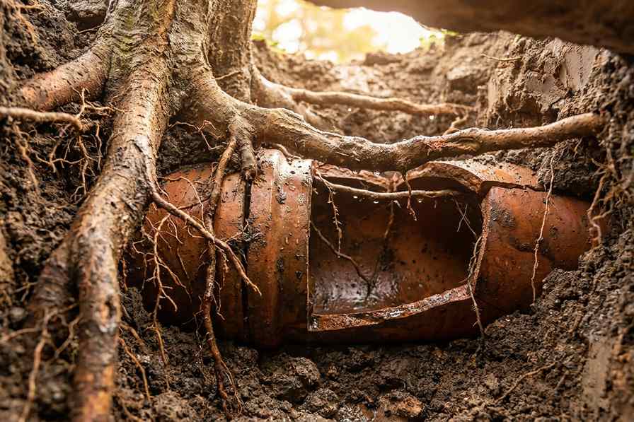 Tree roots invading a cracked sewer line in a Brooklyn backyard