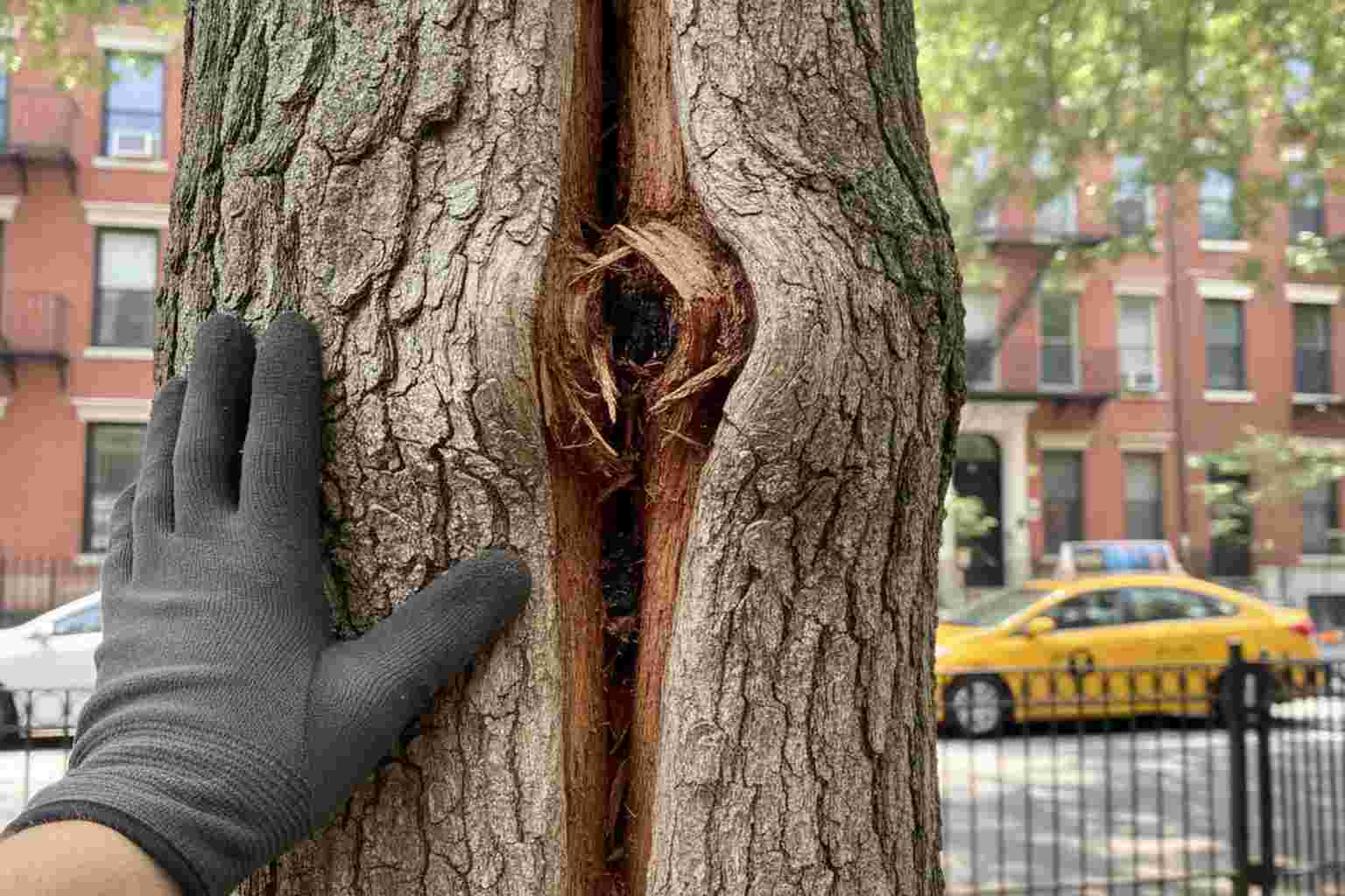 Tree trunk with vertical split crack showing internal wood damage