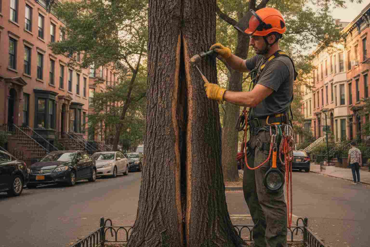 Certified arborist inspecting a split tree trunk with tools in Brooklyn NYC
