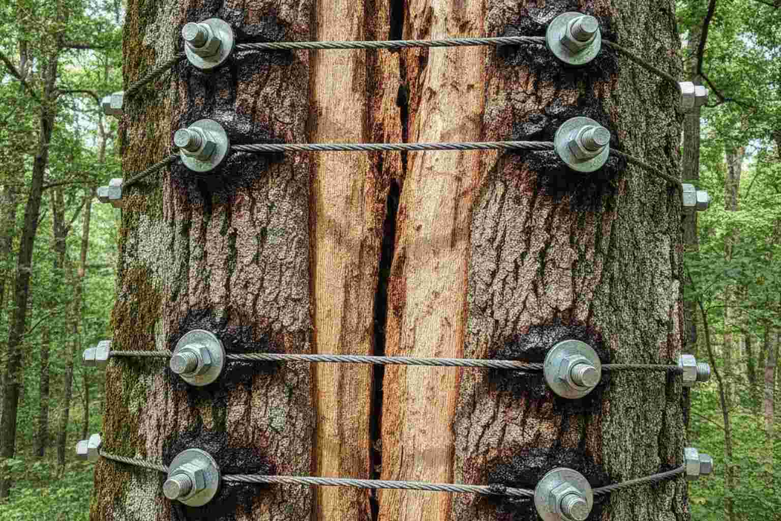Tree cabling and bracing hardware installed on a split trunk to stabilize the tree