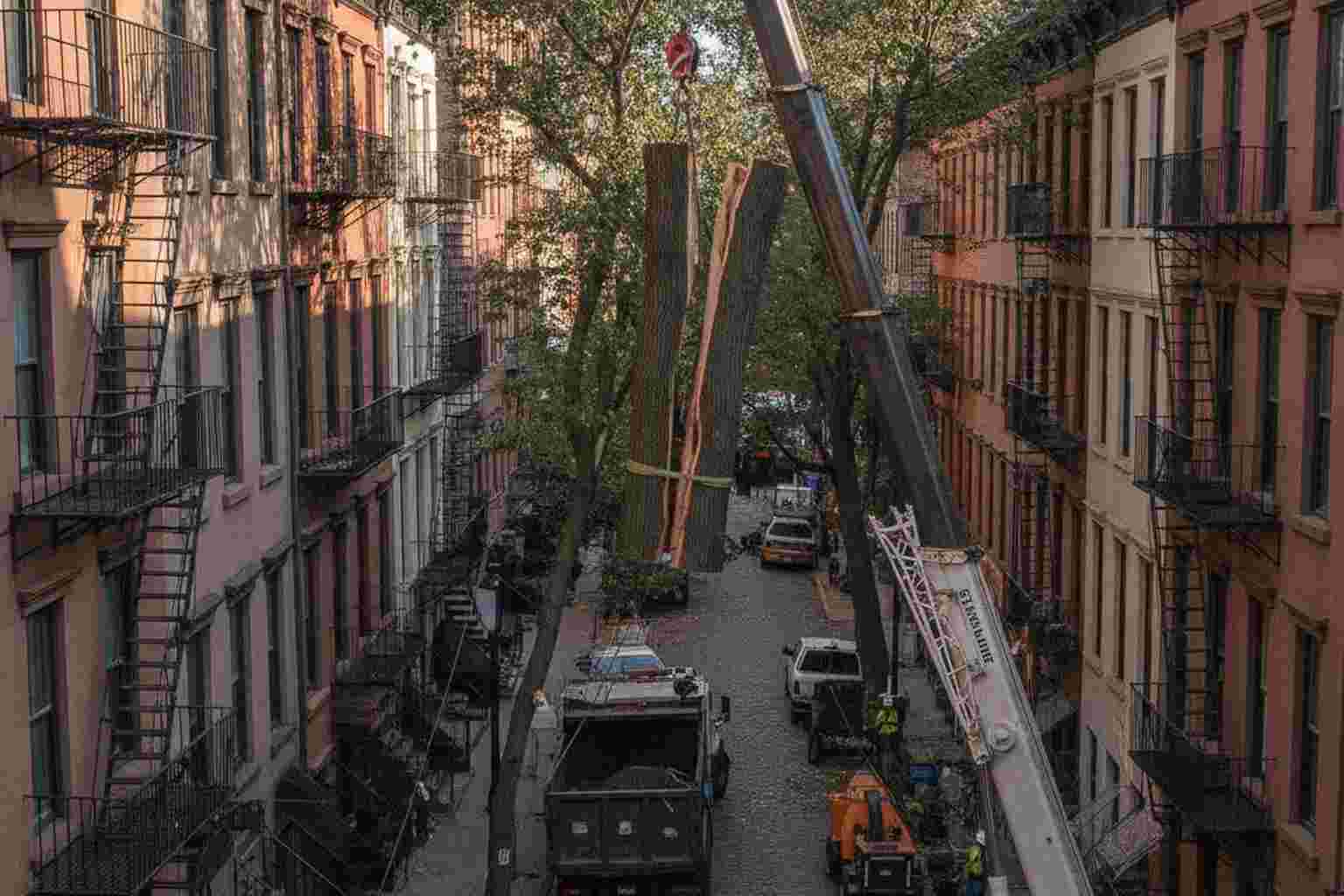 Crane tree removal of a split hazard tree in a tight Brooklyn NYC space between buildings