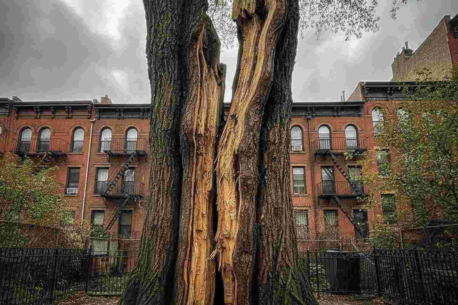 Split tree trunk in a Brooklyn backyard showing vertical crack damage
