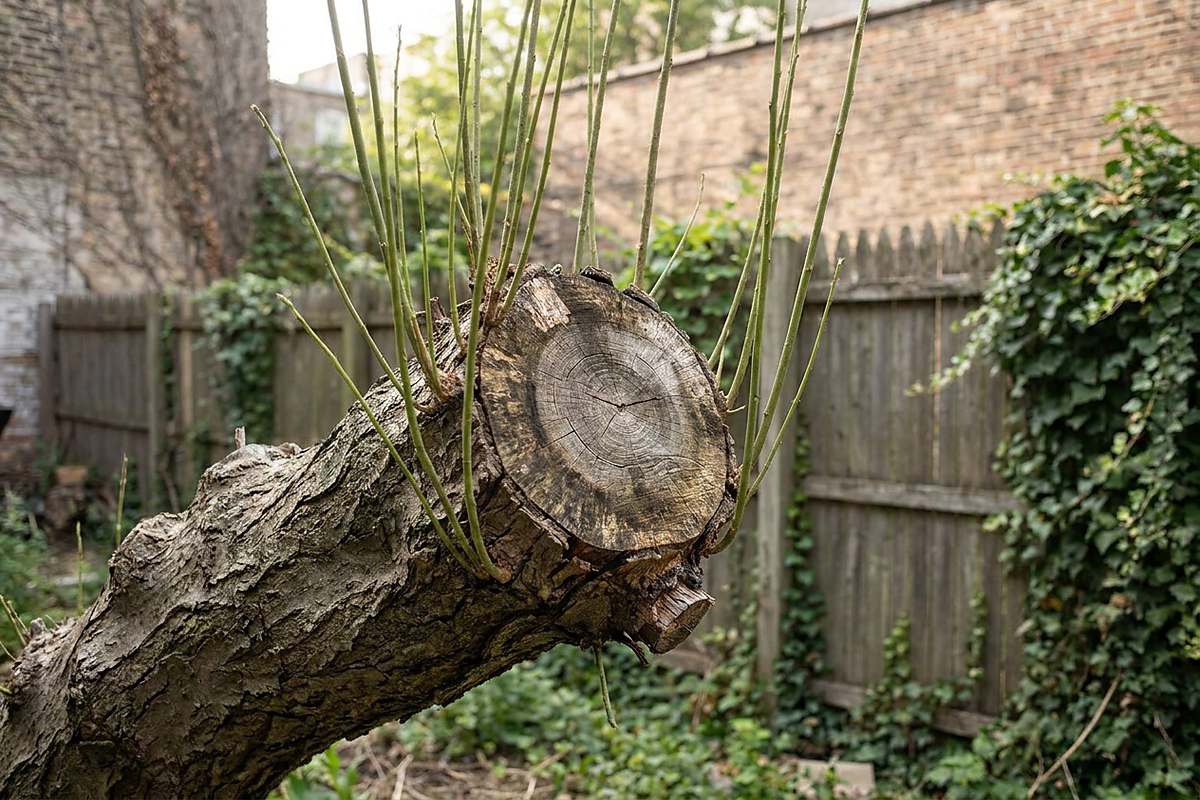 Topped tree showing dense water sprouts growing from cut stubs