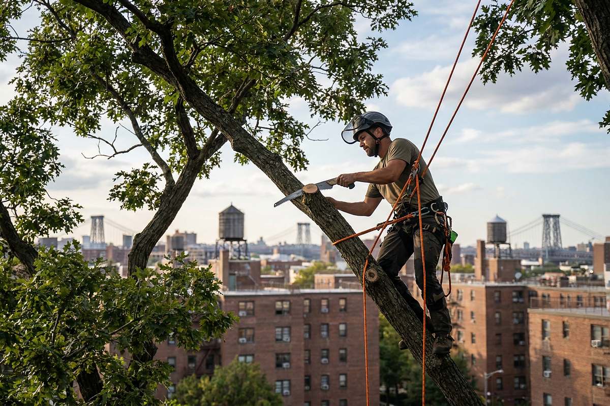 Arborist making a proper crown reduction cut with a handsaw on a large branch