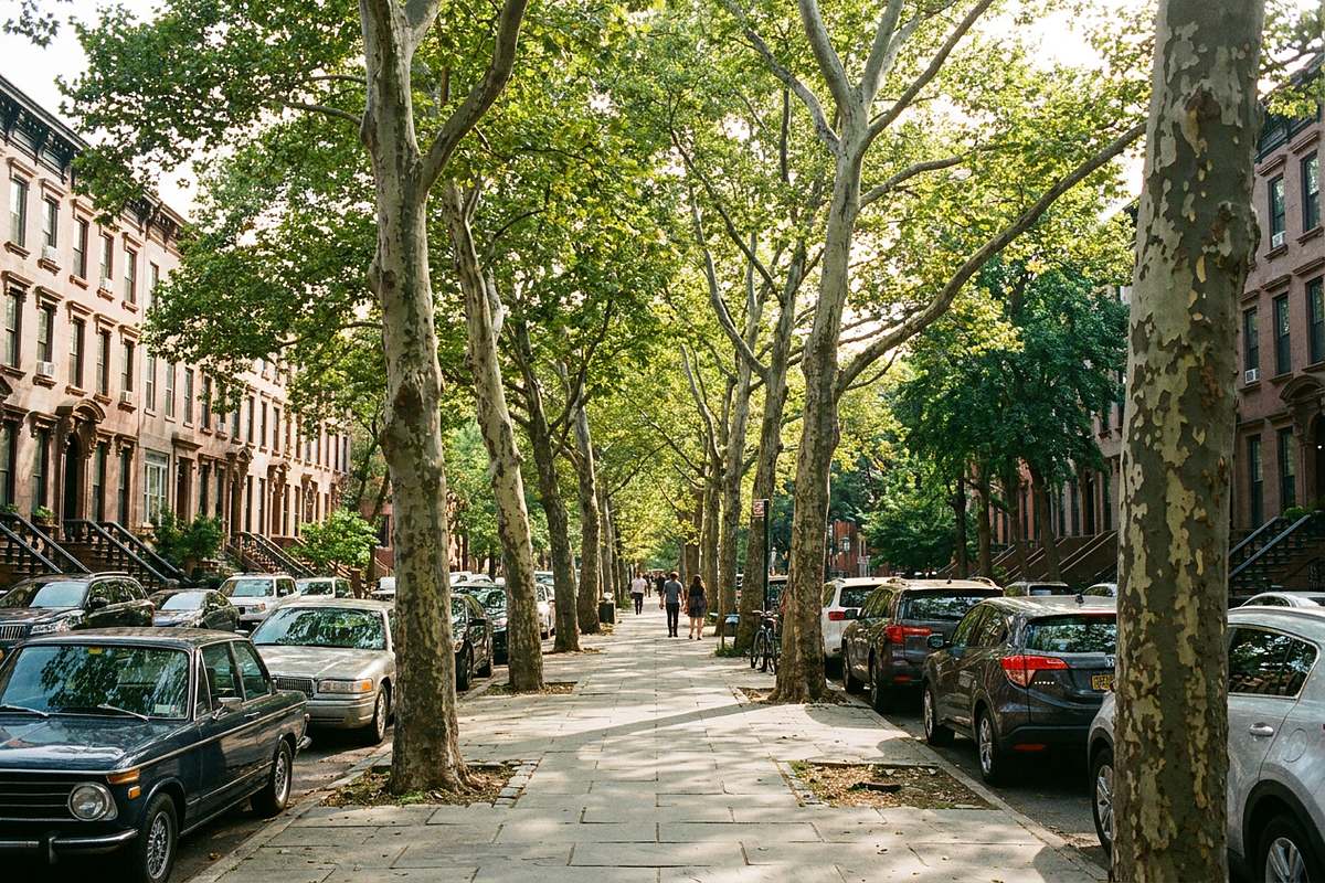 Row of healthy tall street trees along a Brooklyn residential street