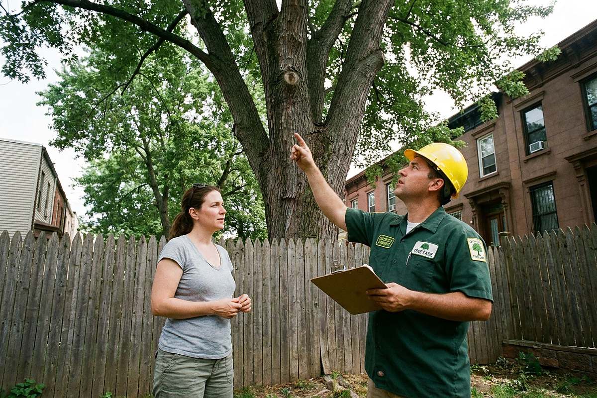 Certified arborist consulting with a homeowner about a large backyard tree