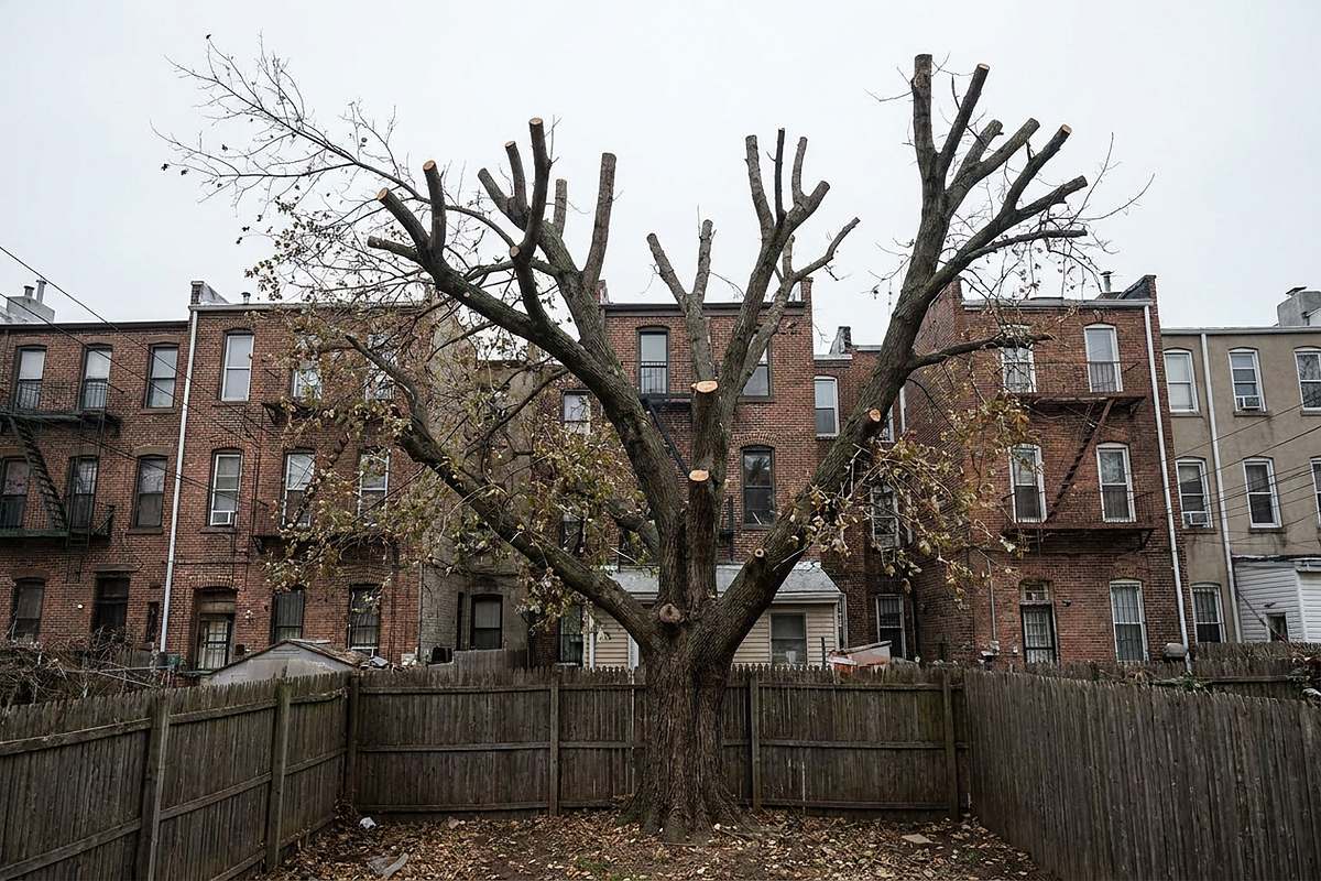 Tree that has been topped with stub cuts across its crown in a Brooklyn backyard