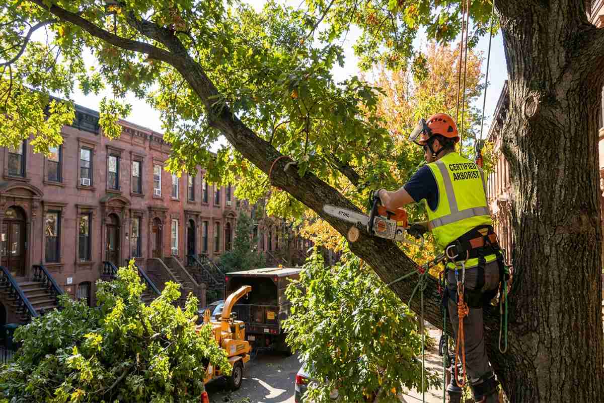Certified arborist pruning tree branches in Brooklyn
