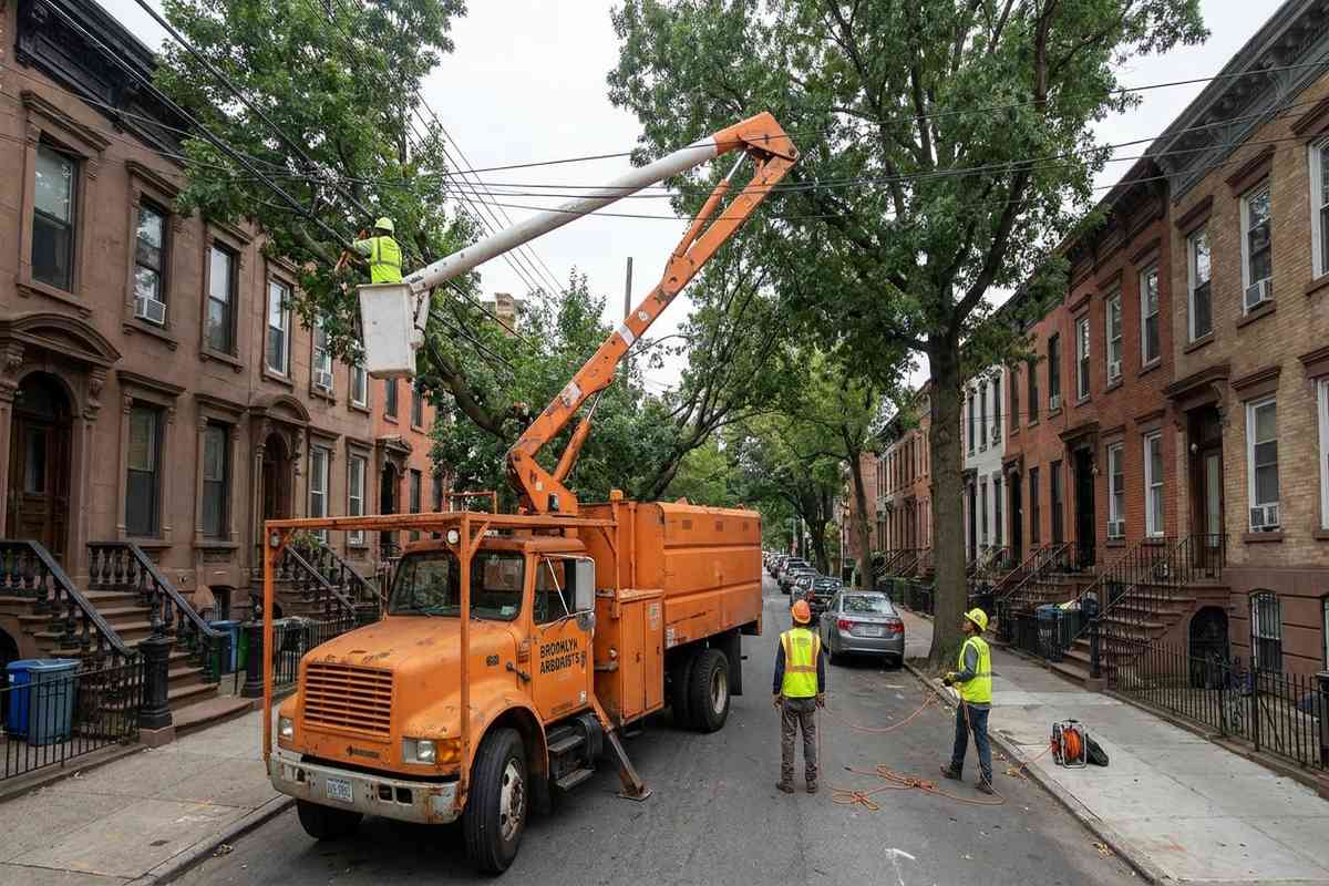 Tree service bucket truck on a tight Brooklyn street