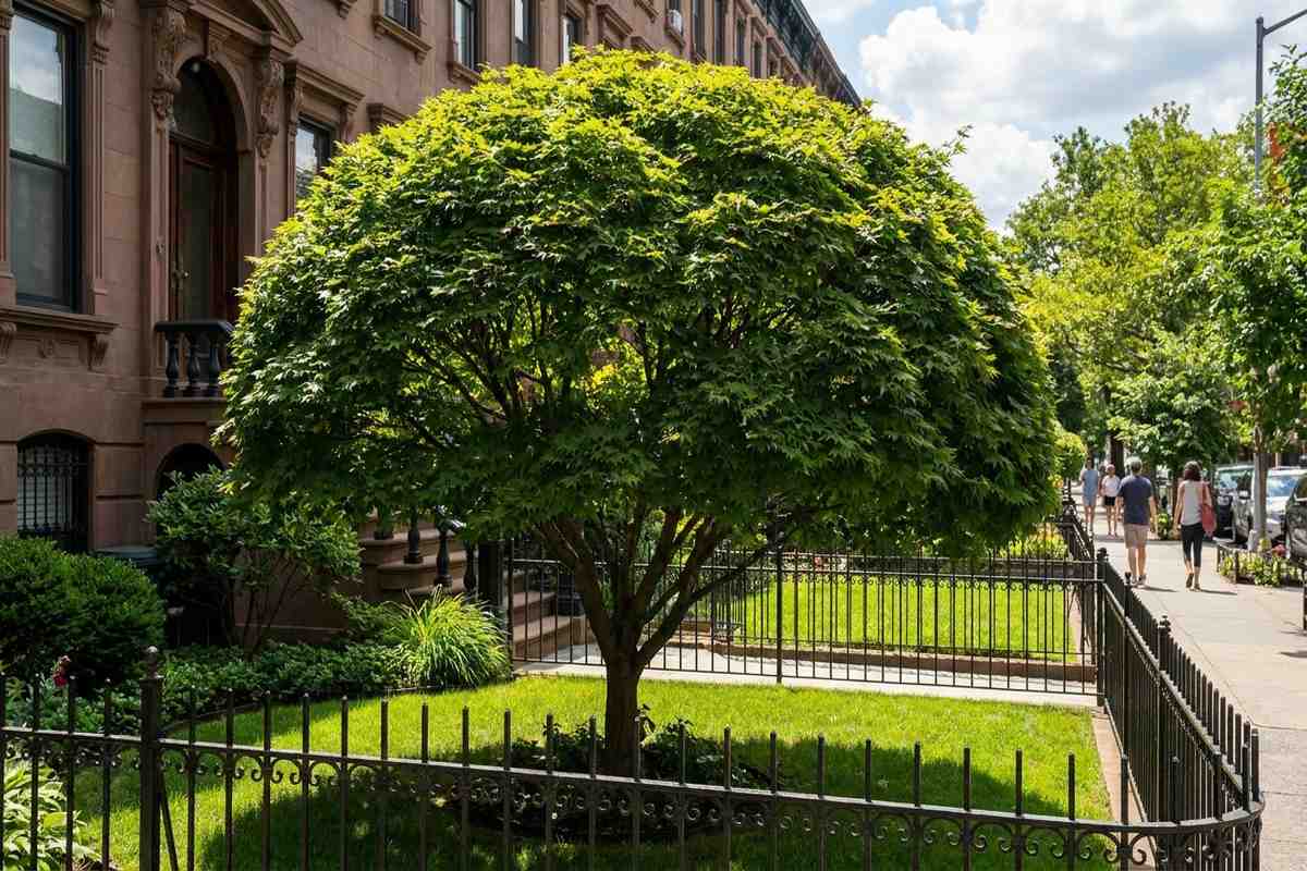 Neatly pruned tree in a Brooklyn residential yard