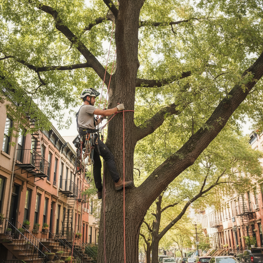 Certified arborist climbing a tree with safety harness in Brooklyn NYC