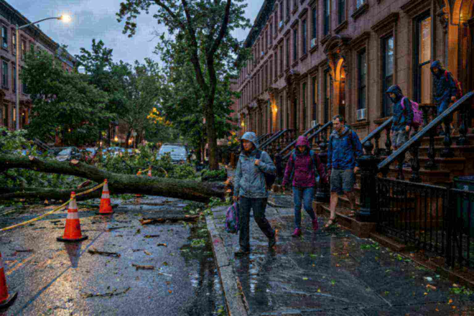 Brooklyn family evacuating their home safely after a tree fall, keeping distance from storm damage
