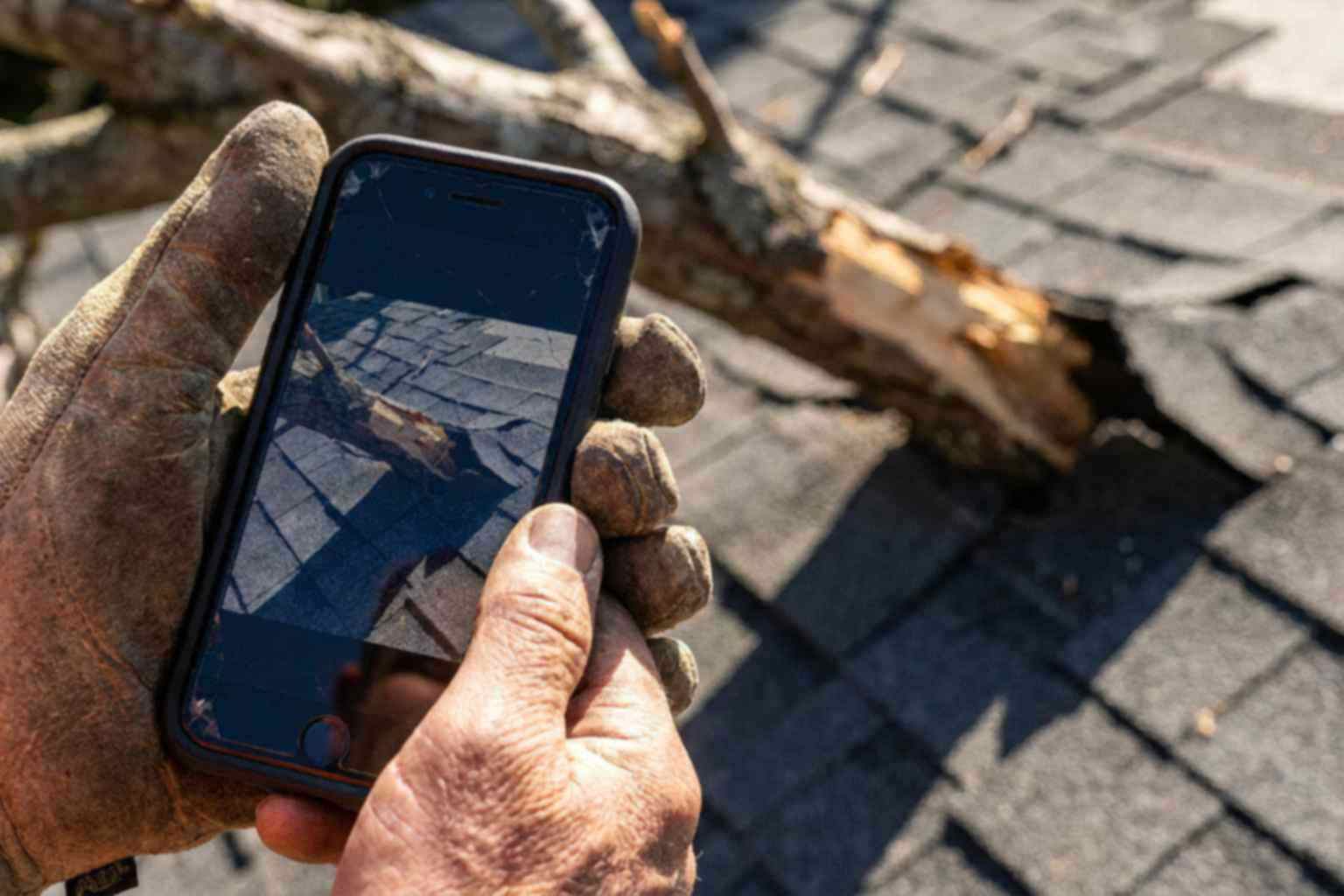 Homeowner photographing roof damage with a smartphone for an insurance claim after a tree fall