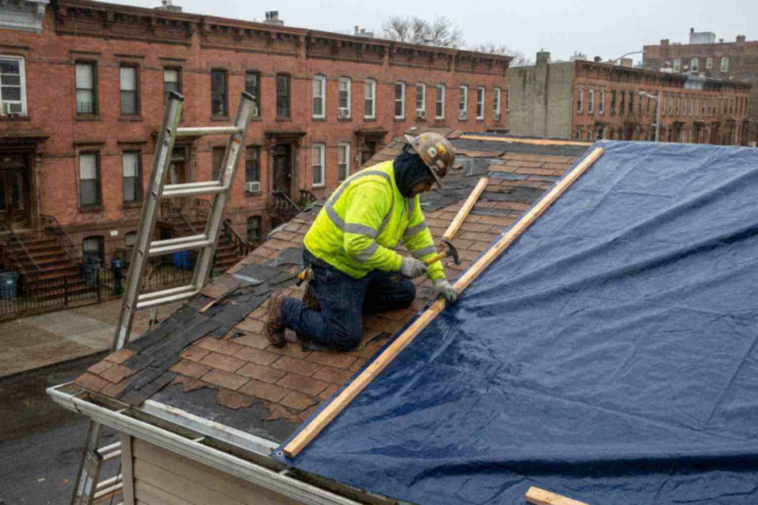 Worker securing a blue tarp over a damaged house roof to prevent water damage after a fallen tree