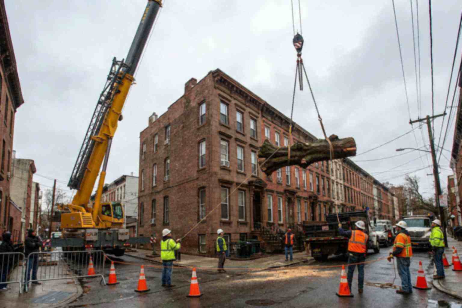 Crane lifting a fallen tree section off a house roof in a tight Brooklyn street between row houses