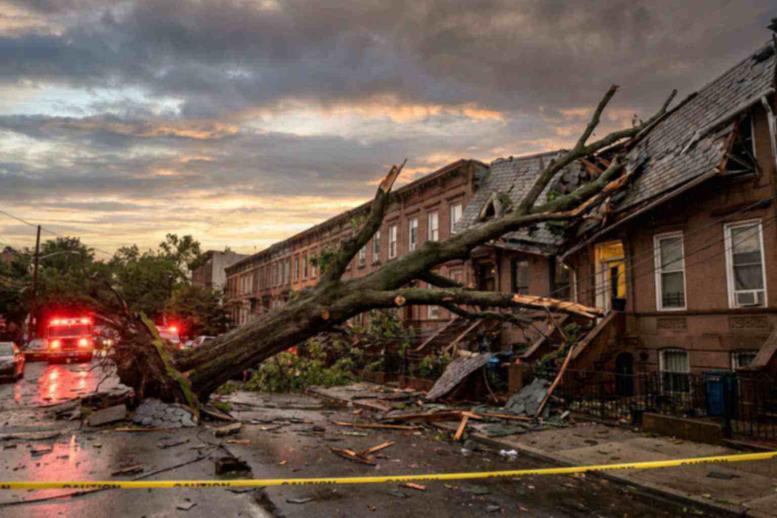 Large fallen tree resting on a damaged Brooklyn house roof - what to do if a tree falls on your house