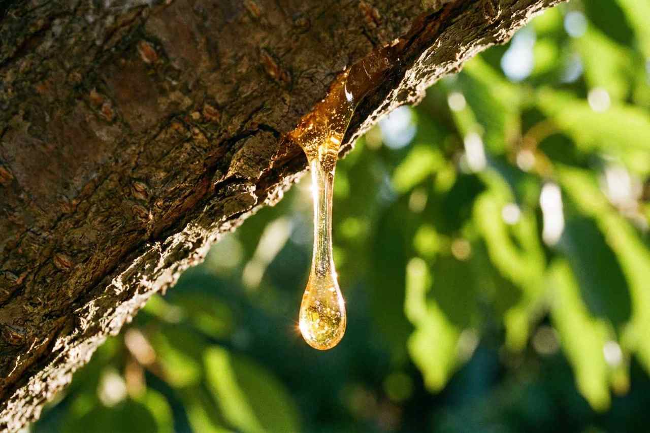 Close-up of clear sticky tree sap dripping from a branch