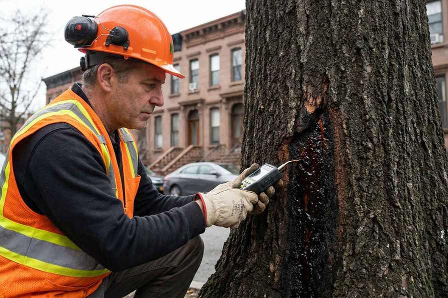 Certified arborist inspecting a tree with sap ooze in Brooklyn