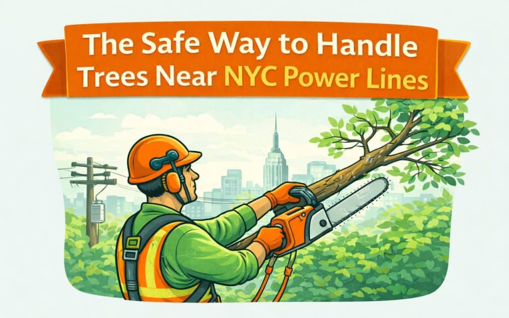 Illustration of a professional arborist cutting a tree branch near NYC power lines with the city skyline in the background.
