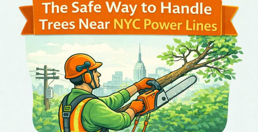 Illustration of a professional arborist cutting a tree branch near NYC power lines with the city skyline in the background.