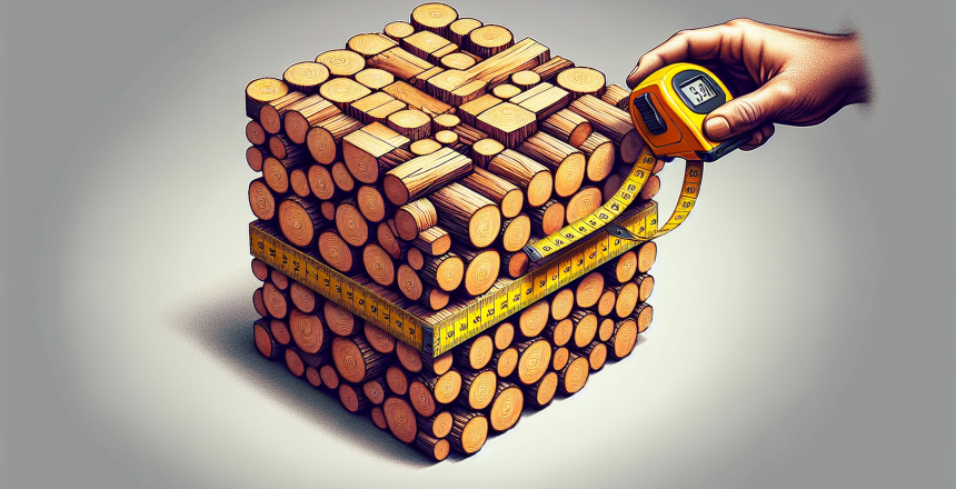 Illustration of a neatly stacked rick of wood with a tape measure